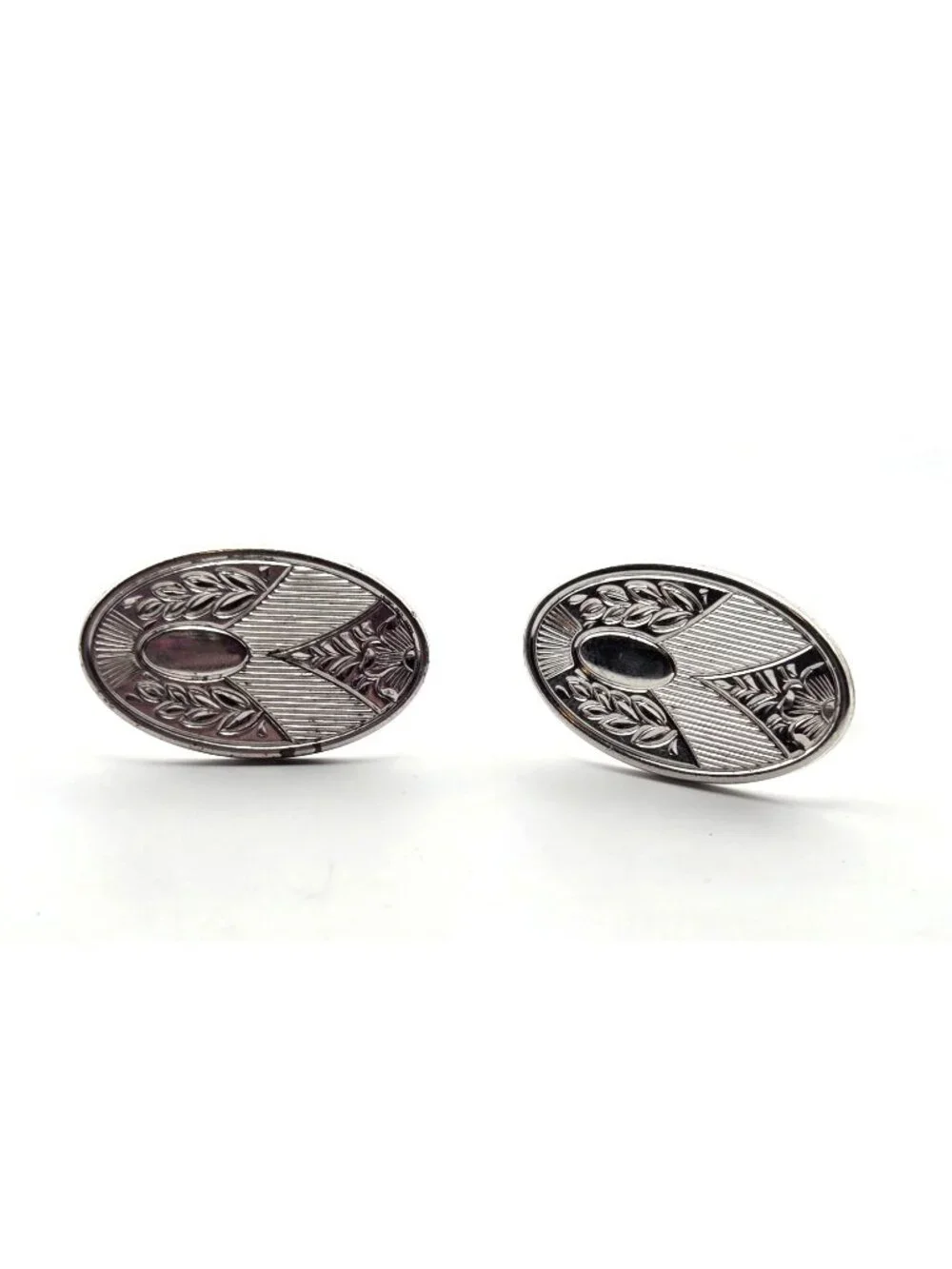 Vintage Silver-Tone Oval Cufflinks With Etched Art Deco Design